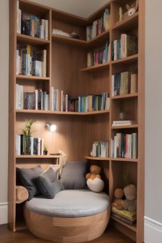 a living room with bookshelves, couch and stuffed animals on the floor in front of it