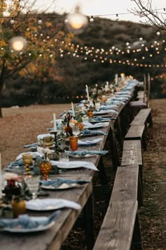 a long table set with plates and silverware for an outdoor dinner party in the woods