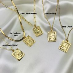 "❤︎ Gold Initial A Necklace, Gold Letter T Initial Necklace, Gold Letter C Initial Necklace, Gold Medal Square Necklace, Personalized Gift ❤︎ ...A B O U T...T H I S...I T E M... ~~Lead-free and Nickel-free. ~~ 100% Hypoallergenic. ...S I Z E...&...M A T E R I A L... ~~Pendant length: 24MM x width 16MM. ~~Pendant Material: High Quality 18K Gold Plated. ~~The necklace length is 16\" + 2\" extender. ~~Chains Material: (Cable Chain) High Quality Stainless Steel- (Twist Chain) High Quality Stainl Elegant Gold Rectangular Charm Necklace, Gold Necklaces With Rectangular Links For Anniversary, Gold Necklace With Personalized Rectangular Links, Personalized Gold Necklace With Rectangular Links, Gold Chain Necklace With Initials For Gift, Personalized Gold Rectangular Charm Necklace, Gold Rectangular Pendant Initial Necklace With Adjustable Chain, Engraved Necklaces With Rectangular Links For Gifts, Elegant Personalized Rectangular Chain Necklace