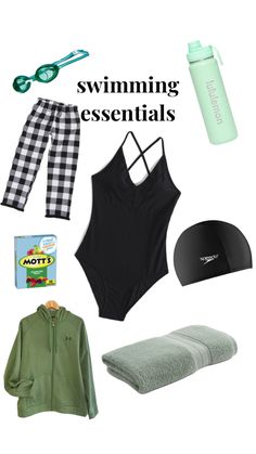 an assortment of swimming essentials including a swim suit, hat, sunglasses and water bottle