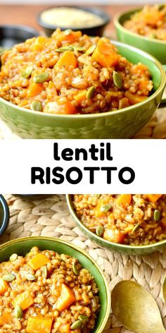 lentil risotto with pumpkins and seeds in green bowls on a woven place mat