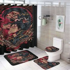 a bathroom with two rugs and a shower curtain in the shape of a woman's face