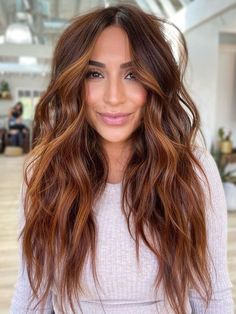 Cinnamon Hair With Copper Highlights, Baylage Red Brown, Dark Roots And Copper Hair, Brown With Red And Caramel Highlights, Red Brunette Highlights, Brown Root Copper Ends, Cowgirl Copper Hair On Dark Hair, Brown To Copper Color Melt, Darker Natural Red Hair