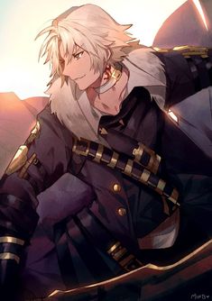 an anime character with blonde hair and white hair, wearing a black outfit in front of the sun