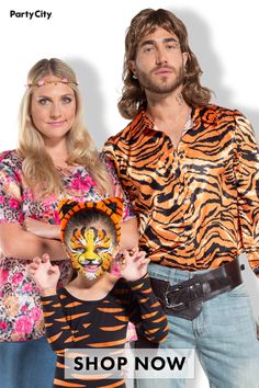 a man and woman standing next to each other in front of a white background with the words party city on it