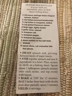 the instructions for how to make an oyster rockheller recipe on a bed sheet