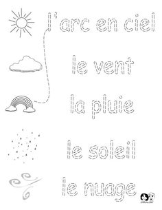 the words are written in french and english, with pictures of clouds and rainbows