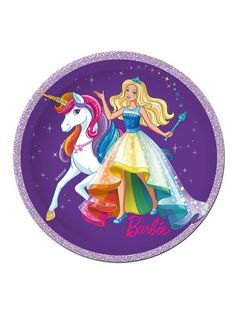 a paper plate with a barbie doll on it and a unicorn riding on the back