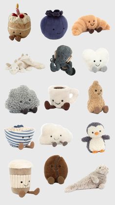 many different stuffed animals are shown together