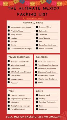 printable packing list for everything you will need to bring to Mexico Mexico Travel Essentials, 10 Days In Mexico Packing, 2 Weeks In Mexico Packing, Things To Bring To Mexico Packing Lists, One Week In Mexico Packing, What To Pack Mexico City, Carryon Bag, Travel Packing Checklist