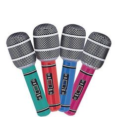 four microphones with different colors and designs on the top one is red, green, blue, pink