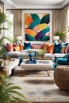 a living room filled with lots of furniture and colorful paintings on the wall above it