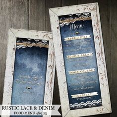 two menus are sitting on top of a wooden table next to each other, with the words rustic lace and denim written in gold