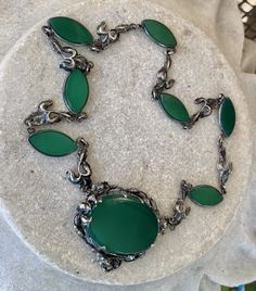 Beautiful Art Nouveau Arts n Crafts Green Chrysoprase Sterling Silver Floral Motif Antique Necklace Formal Cabochon Chrysoprase Jewelry, Hallmarked Oval Jade Necklaces, Oval Jade Necklaces With Hallmark, Traditional Oval Cabochon Necklace, Jade Cabochon Pendant Necklace, Traditional Oval Cabochon Necklaces, Antique Jade Pendant Necklace, Green Cabochon Bohemian Necklaces, Green Bohemian Cabochon Necklaces