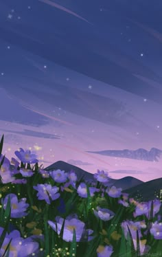 the night sky is full of stars and purple flowers