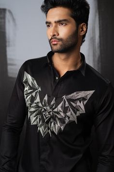 Black shirt with cutdana embroidery in 3D bat pattern. - Aza Fashions Designer Black Tops For Festive Season, Designer Black Tops For Festive Occasions, Festive Party Shirt With Embroidery, Festive Embroidered Party Shirt, Festive Black Embroidered Shirt, Designer Embroidered Black Shirt, Designer Black Embroidered Shirt, Festive Black Cotton Shirt, Men Shirts Casual