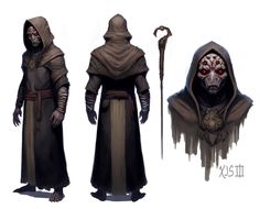 three different views of a hooded character