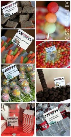 a collage of pictures with candy, candies and desserts on it's sides