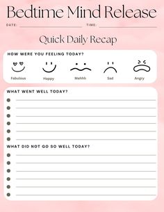 a printable bedtime mind release sheet with the text, quick daily recap