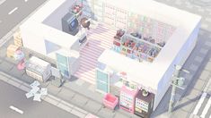 an aerial view of a toy store on the street