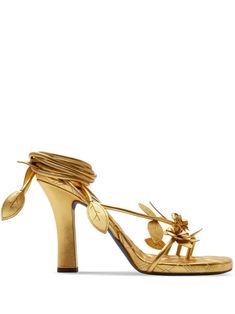 gold-tone leather metallic finish leaf detailing strap detailing diamond quilting branded leather insole tie-fastening ankle strap 105mm block heel Dnd Campaign, Campaign Ideas, Sandals Gold, Badass Style, Prom Ideas, Burberry Shoes, Chanel 2, Gold Shoes, Demi Fine Jewelry