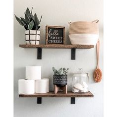 two shelves with toilet paper, potted plants and other items on top of them