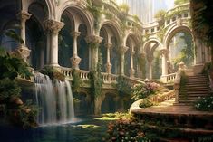 an artistic painting of a waterfall in a building with arches and columns, surrounded by greenery