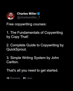 the tweet for charles miller's free copy writing course is shown in black