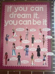 Many career barbies along with their job description beside them including a fashion designer, olympian, chef, news reporter, gymnast, entrepreneur, navy seal, astronaut, nurse, architect, paleontologist, police officer and the president. Dream Job Costumes Ideas, Barbie Ra Bulletin Board, Clubs Bulletin Board, Barbie Jobs Career, Class Officers Bulletin Board, Barbie Themed Classroom, Ra Bulletin Boards Barbie, College And Career Door Decoration, Barbie Ra Theme