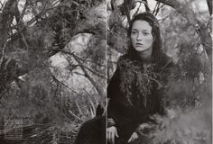 two black and white photos of a woman sitting in the woods