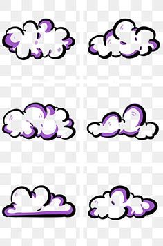 cartoon clouds with different shapes and colors on the bottom one is purple, while the other two are white