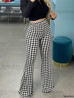 Katykey - Womens Plus Size High Rise Houndstooth Print Flared Leg Trousers with Medium Stretch and Elegant Design Trendy High Waist Houndstooth Bottoms, Casual High-waisted Houndstooth Pants, Casual Black Houndstooth Pants, Casual Black Pants With Houndstooth Pattern, Casual Stretch Houndstooth Bottoms, Casual Stretch Houndstooth Pants, Trendy Houndstooth Bottoms For Fall, Trendy Houndstooth Pattern Bottoms For Fall, Trendy Stretch Houndstooth Bottoms