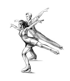 a man and woman figure skating on ice rinks in black and white ink drawing