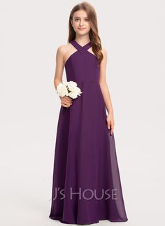 [US$ 54.00] A-Line V-neck Floor-Length Chiffon Junior Bridesmaid Dress Summer Bridesmaid Dresses, Dresses Chiffon, Bridesmaid Dresses Online, Junior Bridesmaid, Dress Silhouette, Junior Dresses