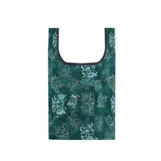 a green shopping bag with floral designs on the front and bottom, sitting against a white background