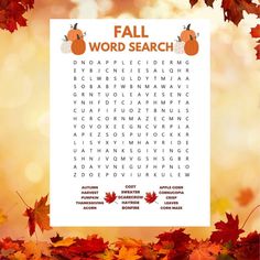 an autumn word search is shown with fall leaves