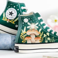 Welcome to LunnNest, a hand embroidered items shop. These are the most meticulously embroidered shoes that I give to you. I embroider them carefully and thoroughly with skillful hands. Converse type: Converse High Tops Chuck Taylor 1970s Converse color:  7. 1970s_Green Price includes: Shoes + Embroidery as Pictured I can buy it for you at a store near your home or you can send me the canvas shoes you have available. Your embroidered Converse, Vans shoes are ready to ship in 8-16 days. I need thi Converse Haute, Bedazzled Converse, Bride Converse, Embroidery Sneakers, Converse Embroidery, Cute Converse Shoes, Converse Wedding Shoes, Embroidered Sneakers, Embroidered Converse