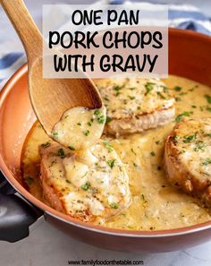 a wooden spoon scooping some food out of a pot filled with chicken and gravy