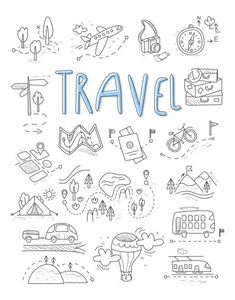 the word travel surrounded by hand drawn doodles royalty