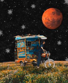 a man riding on the back of a motorcycle next to an orange moon