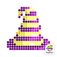 the pixel art logo is shown in purple, yellow and orange squares on a white background