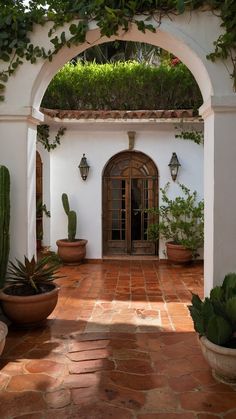 an archway with potted plants on either side and a door to another room in the background