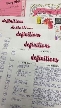 two sheets of paper with writing on them that say definition, definition, and definition