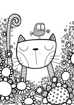 a black and white drawing of a cat in the garden with flowers, plants and birds