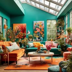 a living room filled with lots of colorful furniture