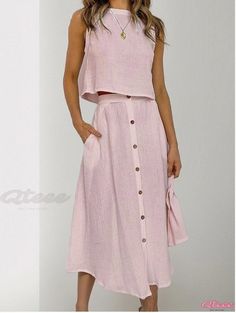 Qteee - Two-Piece Button-Down Dress with Double-layer Round Neck Vest Casual Sleeveless Button-up Dress, Beach Button-up Sleeveless Dress With Buttons, Beige A-line Sleeveless Cotton Dress, Casual V-neck Sleeveless Dress With Button Closure, Midi Skirt Casual, Buttoned Dress, Button Down Dress, Vest Shirt, Vest Dress