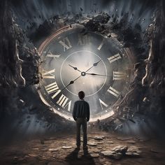 a man standing in front of a clock surrounded by rocks and debris, looking at the sky