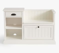 a small white cabinet with drawers and cupboards on the bottom, side by side