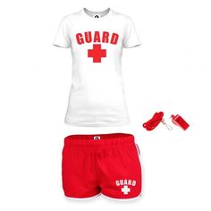 a white t - shirt and red shorts with the words guard printed on it,