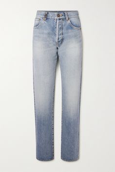 You may be used to SAINT LAURENT's 'Cassandre' logo adorning the house's bags but the interlocking motif makes up one of the belt loops on these jeans. They're cut from light-blue denim and whiskered for a vintage look. The straight, high-rise cut is about as classic as it gets. Wishes Board, Bougie Closet, Light Blue Denim Jeans, Designer Bottoms, Luxury Jeans, Saint Laurent Jeans, Saint Laurent Dress, Pants Collection, Levis Vintage